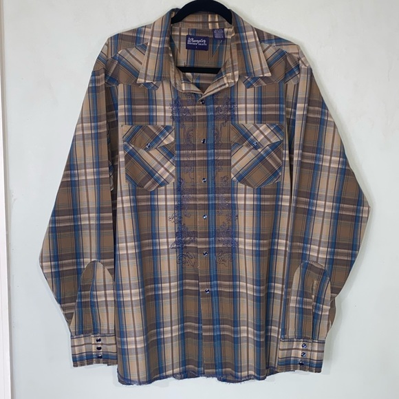 Vintage Wrangler Western Tan Embroidered Long Sleeve Blue Snap Button Shirt Sz L - Picture 1 of 16